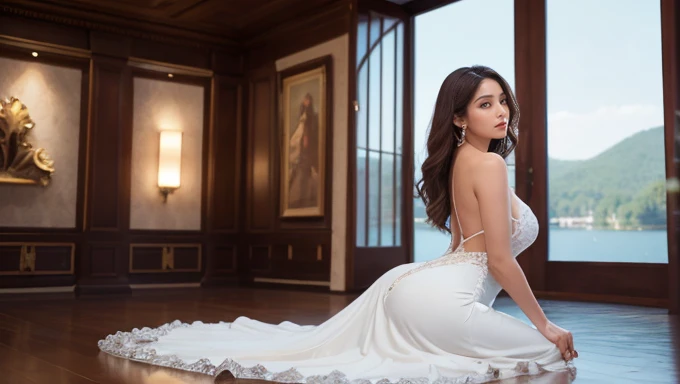 A 20-year-old girl stands in a sapphire white gown that flows gracefully in a back-view pose. outside , The white gown and enchanting design complements her elegance, while her captivating figure radiates charm. She faces a serene water lake, her curves ac...