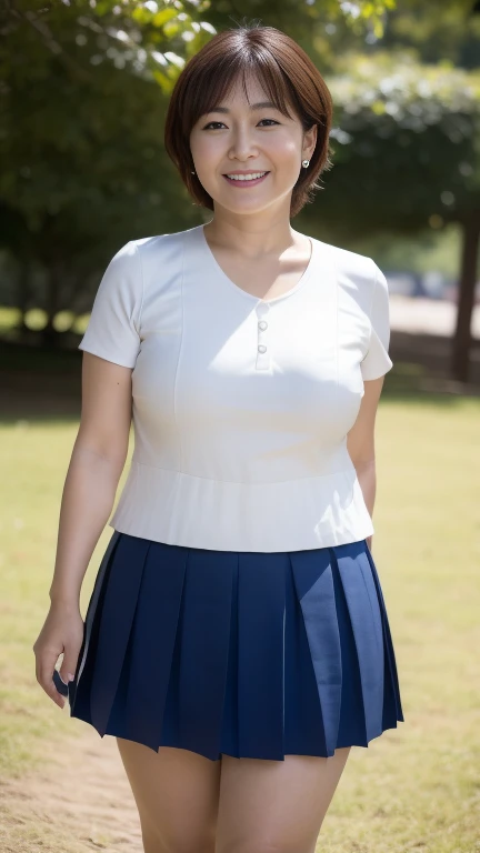 Japanese Mature,((60 years old:1.2)),White skin,(curvy,Large Breasts,Emphasizes plump thighs:1.1),(char_tomoe_mami_128dim,Ultra short pleated micro mini skirt:1.3),ponytail,Wearing earrings,(Standing in the park,Full body shot from head to toe:1.2),looking...