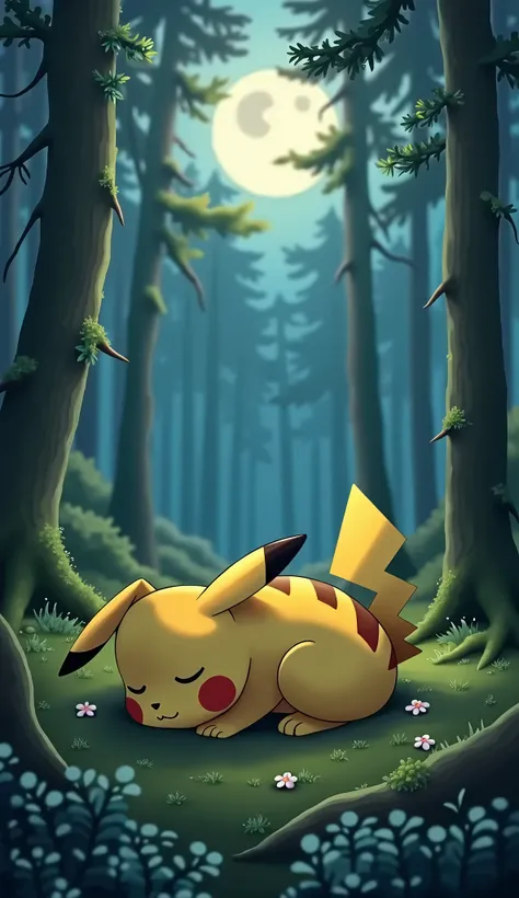 Pikachu is sleeping peacefully in the moonlit forest.