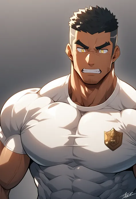 anime characters：Gyee, Young Muscle Sports Sexy Police, negro black skin, Manliness, male focus, White tight shirt, Very tight, muscular male, Huge and round chest muscles, Perfect muscle waist, only, Upper body, alone, Black short hair, Thick eyebrows, st...