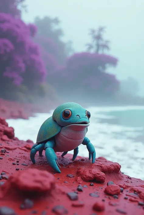 A blue-green alien, The anthropomorphic crab stands on red rocks, the shore of a white ocean, purple foggy jungle in the background, a cartoon in the style of rotoscoping