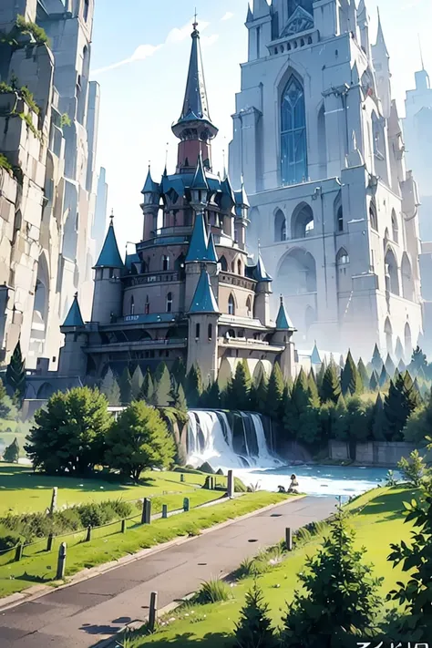 An alfa view of the falls with the tower and waterfall in the background, Fantasy Matte Painting，cute, Landscape painting, Game Art Matte Painting, Illustration Matte Painting, Dota! Matte painting concept art, Dota Matte painting concept art, 2. 5d cgi an...