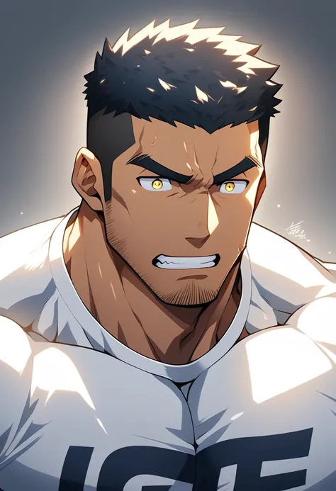 anime characters：gyee, young muscle sports sexy police, negro black skin, manliness, male focus, white tight shirt, very tight, ...