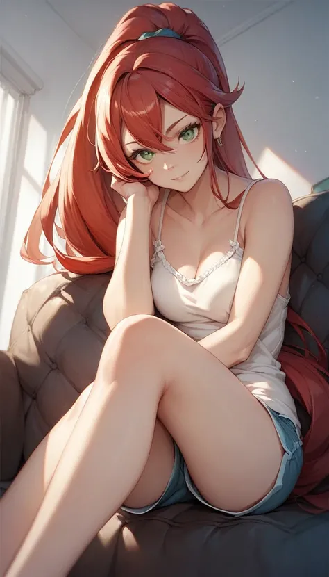 shoot from below, looking at  viewer, there, camisole, Shorts, One anime-style woman,  Red Hair, Long Hair, Long Ponytail, Green Eyes、Sitting on the sofa, Best Quality、masterpiece, Mischievous expression