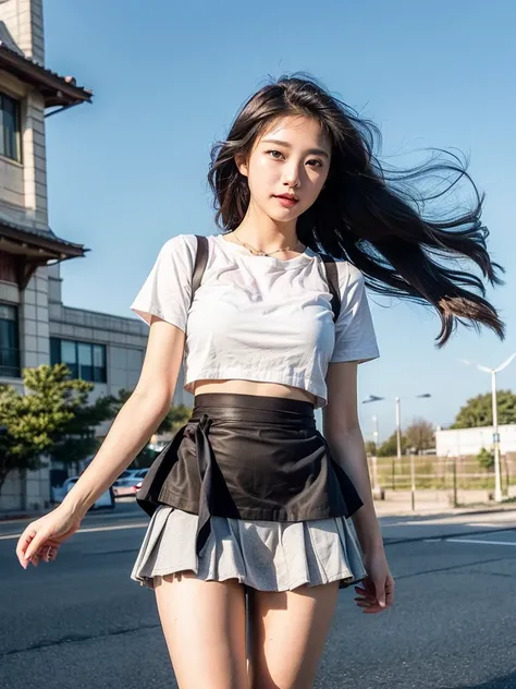 (((Innocent and cute junior high school students))), (The strong wind made her skirt flutter:1.4), ((I can see your underwear:1.5)), Beautiful bob hair, Immersion, Beautiful eyes, Ultra-high resolution, ((Thin thighs:1.3, Inner thigh:1.4)), Slender body li...