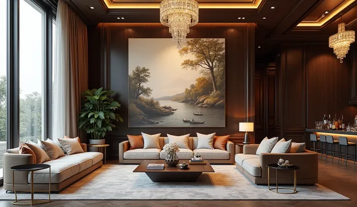 A living room that demonstrates the true value of a luxury home.內部裝潢華大幅的掛壁名painting.painting.Elegant leather sofa.Large crystal chandelier.Large floor-to-ceiling windows with good lighting.Bar counter.fireplace.