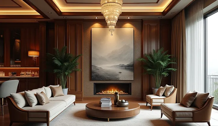 A living room that demonstrates the true value of a luxury home.內部裝潢華大幅的掛壁名painting.painting.Elegant leather sofa.Large crystal chandelier.Large floor-to-ceiling windows with good lighting.Bar counter.fireplace.