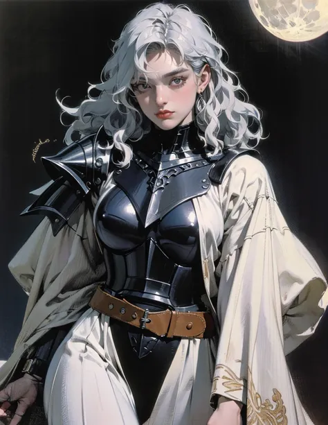 (best lighting) (best quality, masterpiece:1.2), (absurdres), 4k, (detailed eyes), (detailed face), a woman wearing obsidian medieval armour, long white hair flowing from under her helmet stands in front of a towering gothic castle, illuminated by a large ...