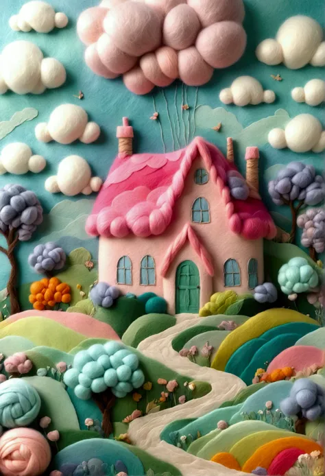 very strong felt style: a house made of colorful wool, in the style of tim walker, dreamlike and surrealistic. a misty field wit...