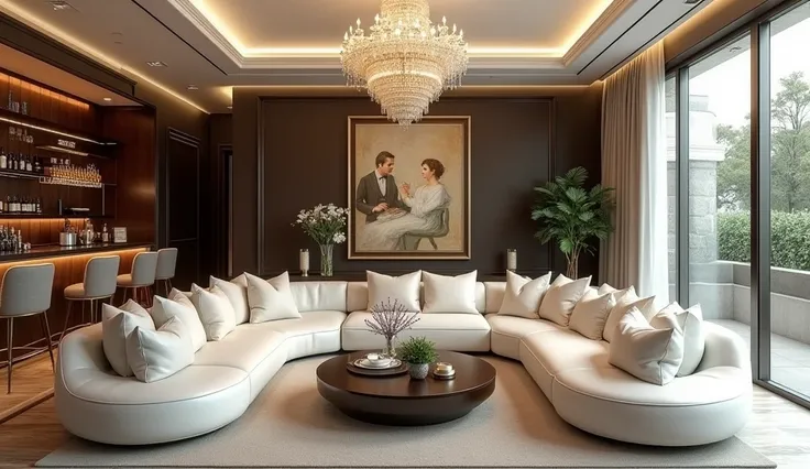 A living room that demonstrates the true value of a luxury home.Gorgeous interior decoration.Large wall-mounted painting by Renoir.Off-white elegant leather sofa.Large crystal chandelier.Large floor-to-ceiling windows with good lighting.Bar counter.firepla...