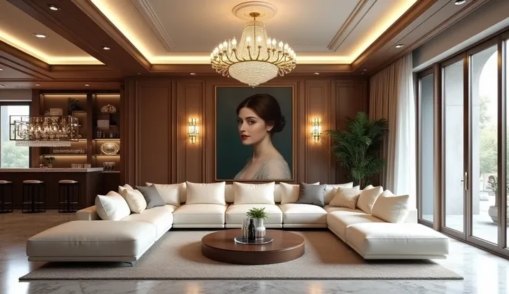 A living room that demonstrates the true value of a luxury home.Gorgeous interior decoration.Large wall-mounted painting by Renoir.Off-white elegant leather sofa.Large crystal chandelier.Large floor-to-ceiling windows with good lighting.Bar counter.firepla...