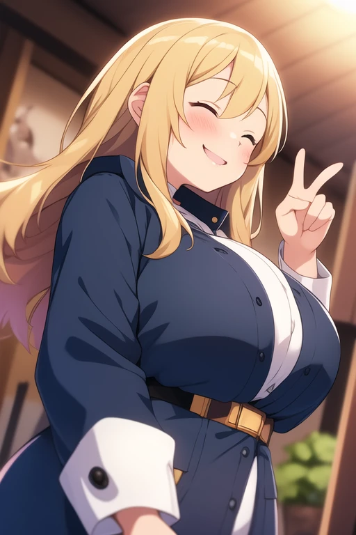 best quality, ultra-detailed, extremely detailed C, anime, 1 girl, solo, solo focus, blonde hair, blush, milf, plump, lovery, POV, dutch angle, smile, happy, laugh, light smile, half closed eyes, standing, boots, blurry background, over size clothes, looki...