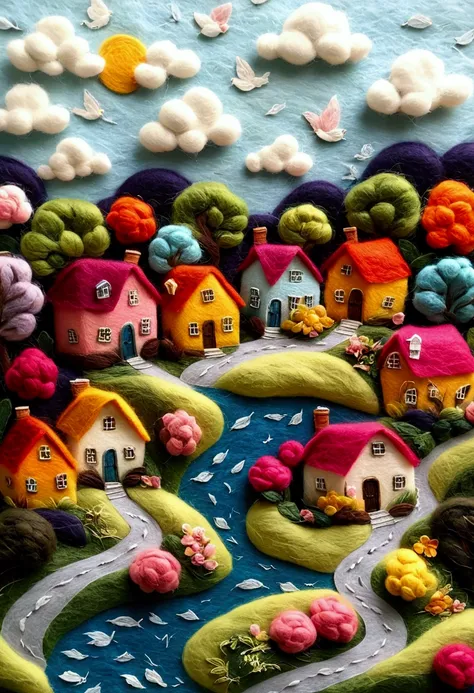 very strong felt style:miniature landscape，cherry town made of felt，picturesque scenery，soothing colors，soft texture，handmade ho...