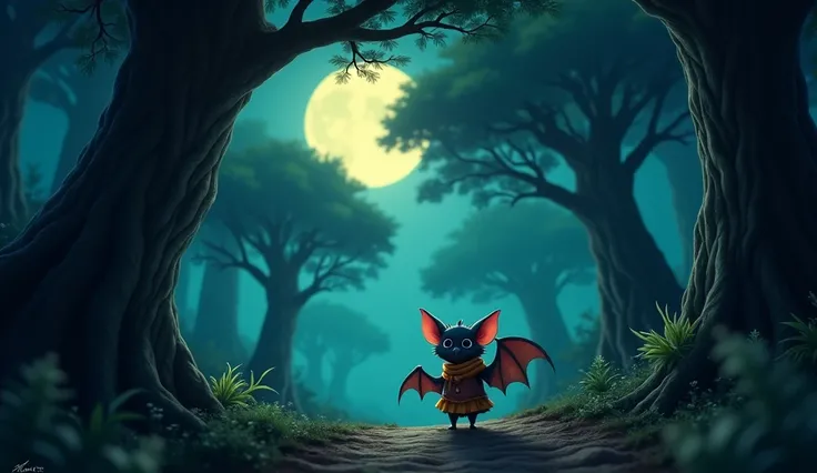 A thick and mysterious forest where the trees rise and the moon illuminates. A cute bat with clothes in animated version 