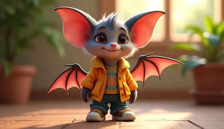 A cute bat with a shirt and pants in an animated 