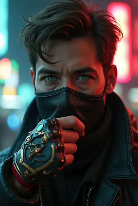 Dark-skinned man with heterochromia, one green eye and one gray eye with a cyberpunk style with short brown hair with a personalized glove with red and gold finishes with a demon mask covering his mouth 