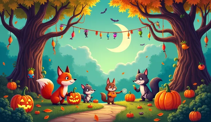 A forest and animals decorating the Halloween forest in an animated version