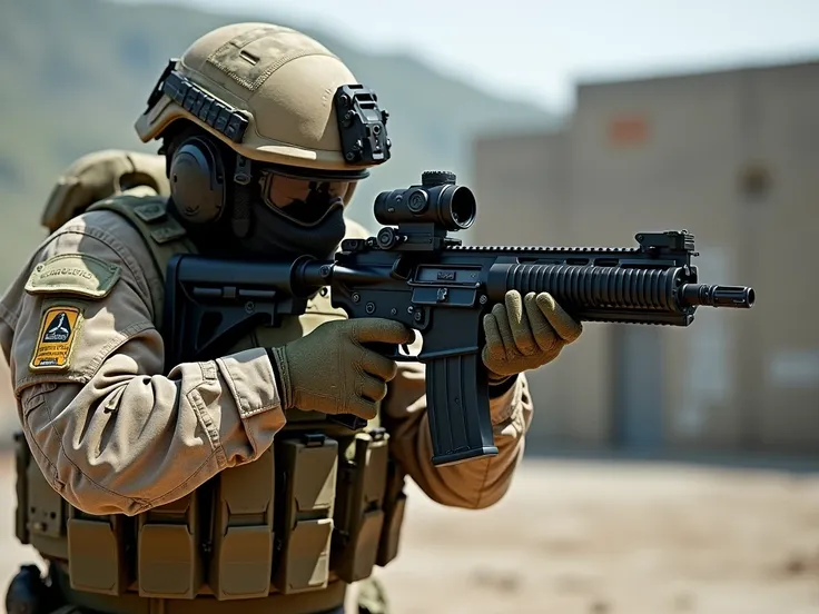 “Full-armed ((SWAT)) special forces **soldier** wearing a **combat camouflage uniform**, engaged in firearm shooting and tactical training. The **soldier’s equipment is complete with body armor, helmet, and advanced combat gear**. The firearm is positioned...