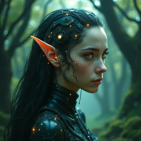 A beautiful cyberpunk elven hacker, extremely detailed portrait, intricate circuitry, glowing technology, ancient elven symbols, ethereal forest background, dramatic lighting, cinematic composition, photorealistic, highly detailed, masterpiece