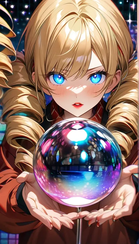 Red lips、blue eyes、glowing eyes、blonde、Drill Hair、anime、Reddish brown sportswear with glitter、Reddish brown sportswear with glitterのズボン、Show your hand、High resolution, masterpiece, 最High image quality, high detail, High resolutionモデル, High image quality, V...