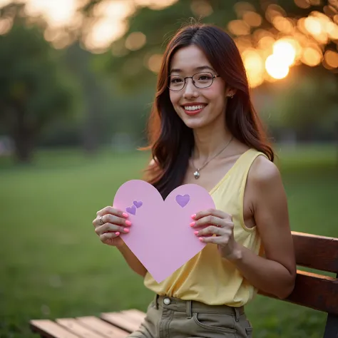 A Chinese lady in pale yellow casual sleeveless blouse and kaki shorts, glasses, with a tight quirky grin, long hair past shoulders, pink fingernail polish, simple silver ring on left hand, simple silver necklace chain, holding a large red heart shaped car...