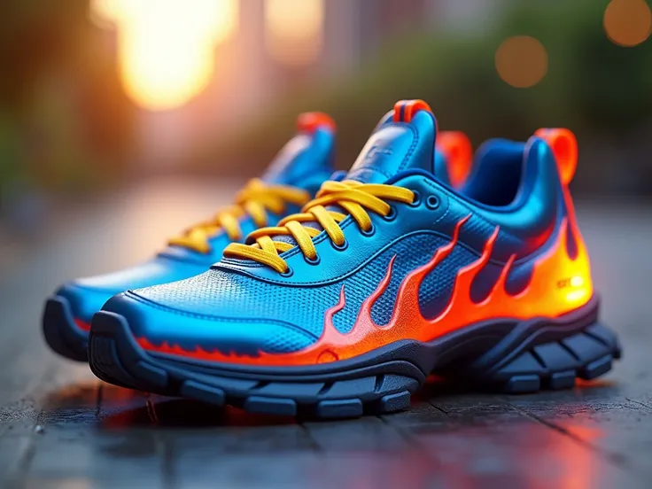 “A hyper-realistic skin design of futuristic sports sneakers with a vibrant ‘Hot Wheels’ style for Counter-Strike. The sneakers feature sleek aerodynamic curves, with flame decals running along the sides in a gradient of red to orange, giving the illusion ...