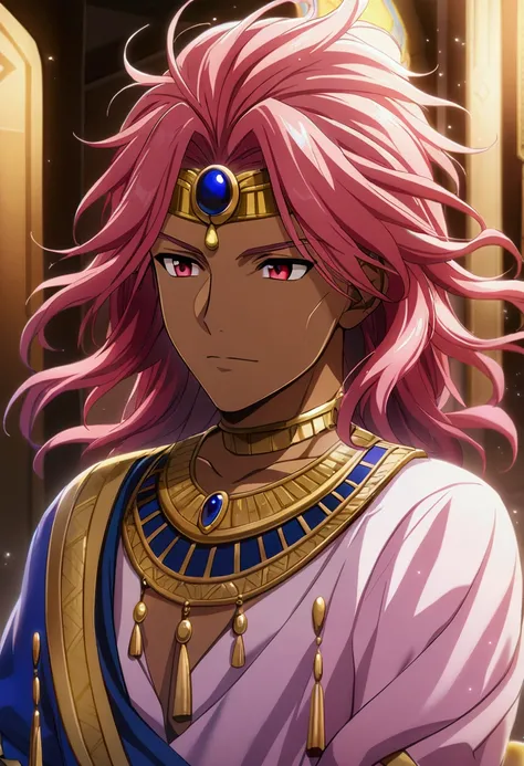 1 boy, pinkish red hair, long and disheveled hair, reddish-lilac eyes, dark skin, Egyptian gold ornaments, Egyptian prince clothes, Atum, CG