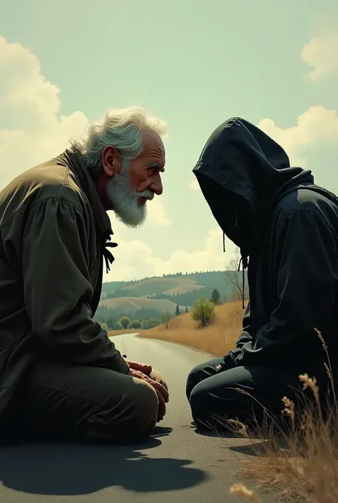 An old man is talking to a  sitting on the roadside.