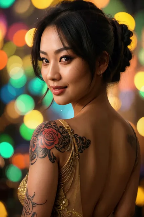 a beautiful curvy asian woman,backless dress,evening event,smiling,thick upper arms,showing back to camera, tattoo on back(best quality,4k,8k,highres,masterpiece:1.2),ultra-detailed,(realistic,photorealistic,photo-realistic:1.37),HDR,UHD,studio lighting,ul...