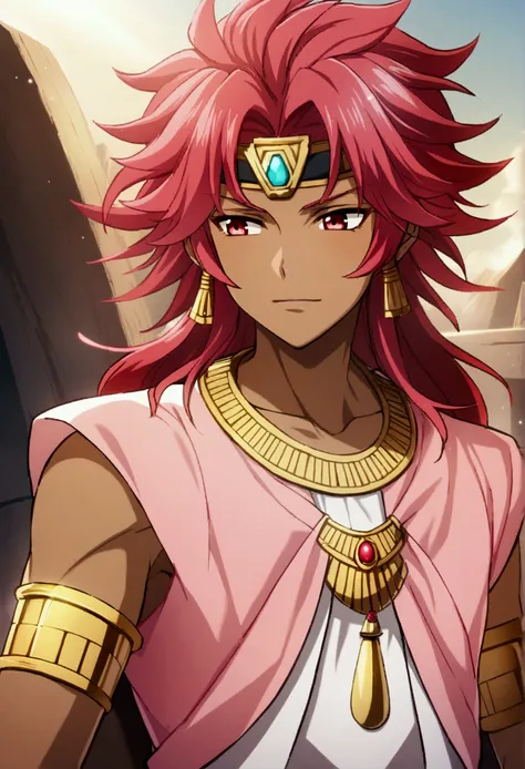 1 boy, pinkish red hair, long and disheveled hair, reddish-lilac eyes, dark skin, Egyptian gold ornaments, Egyptian prince clothes, Atem, CG