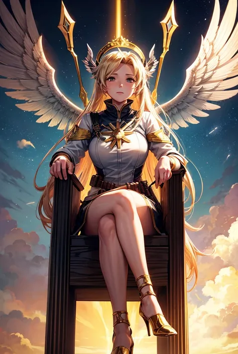 Mercy from over watch, she is goddess, wearing goddess clothes, golden high heels, ,setting on the goddess thronfull body, crossing legs (two legs only, one above other) holy background (sky and cloud) 