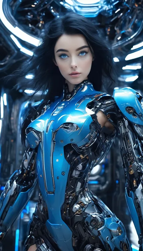 woman, mechanical blue body ，best quality, masterpiece 8k,futuristic spaceship interior，サイバーブルースーツを着たwoman，black hair，blue eyes，...