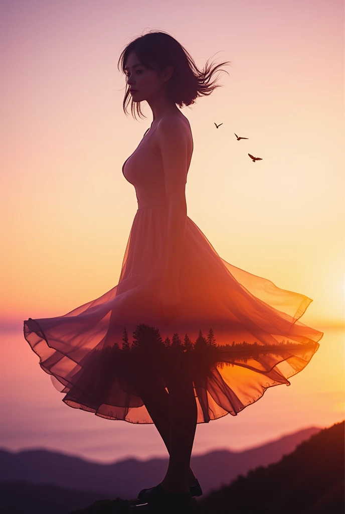 Silhouette Art of girl, multiple exposure, sunset, enhance.
﻿
full body, Professional, perfect composition, ultra-detailed, intricate details