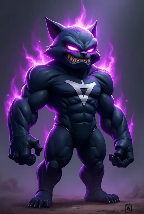 Create a purple and black mascot, purple coming out of his eyes, with a round white symbol above the left chest, for football team shirt