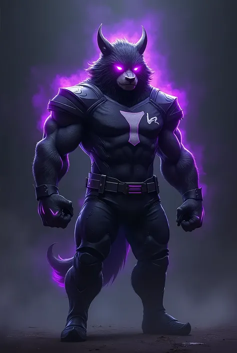 Create a purple and black mascot, purple coming out of his eyes, with a round white symbol above the left chest, for football team shirt