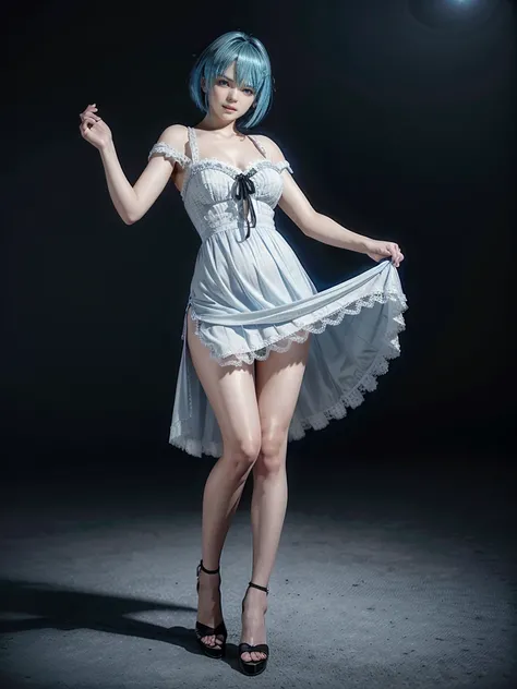 Nico, short blue hair, blue eyes, better quality, high resolution,  full body, wearing a long white dress with a slit and black lace,1 , 