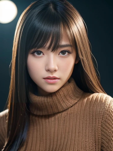 Product quality, 1 girl, Cowboy Shot, Front View, Young and cute Japanese girls, At night, Wearing a black knitted turtleneck sweater, Wearing a mini skirt, Super cute face, Glossy lips, Double eyelids on both eyes, (Natural Makeup), Shiny smooth light bro...