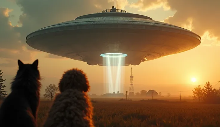 ultra realistic 8k photo, 1970 sci Fi horror style, giant alien mother ship flying over a farm house at sunset, in first plan theres 1 cat  Maine Coon tabby brown dark long hair cat and 1 brown curly puddle dog sitting down looking at the ship, the mother ...