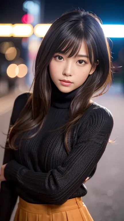 Product quality, 1 girl, Cowboy Shot, Front View, Young and cute Japanese girls, At night, Wearing a black knitted turtleneck sweater, Wearing a mini skirt, Super cute face, Glossy lips, Double eyelids on both eyes, (Natural Makeup), Shiny smooth light bro...