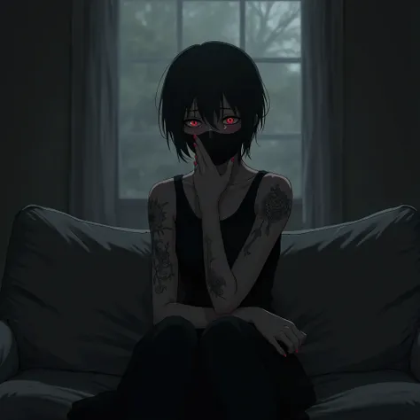 anime style, a girl, very short black hair, long black dress, and a black mask that covers from chin to nose, tattos in the arms she is sitting on the couch, crying, with blood on her face