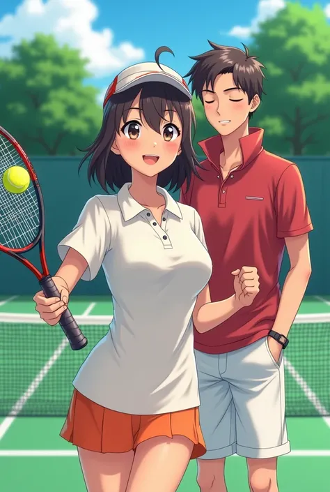 Anime, Lucina is wearing a Tennis Dress she is playing Tennis with her boyfriend he is wearing a Massive Popped Collar Polo