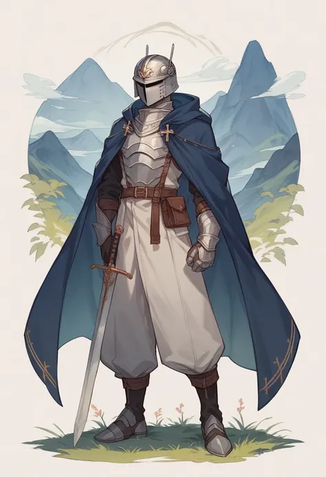 Silver Western Helmet、Hidden under a deep blue cloak, the lower part of his neck is not visible.、A sword resembling a cross of light with no outline、Full Body Shot、Mountain trail