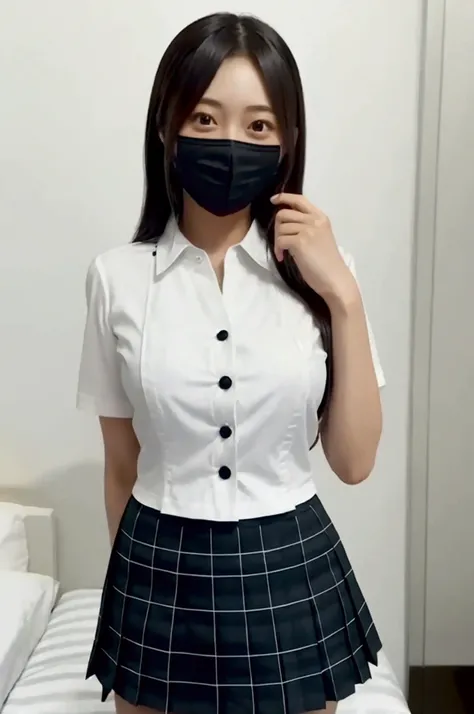 Gravure idol pose　Hotel　bed　uniform　White shirt　High image quality　Not too small bust　Black Mini Skirt　Short skirts and beautiful hair　Height: 158cm　smile　mask　Long Hair
