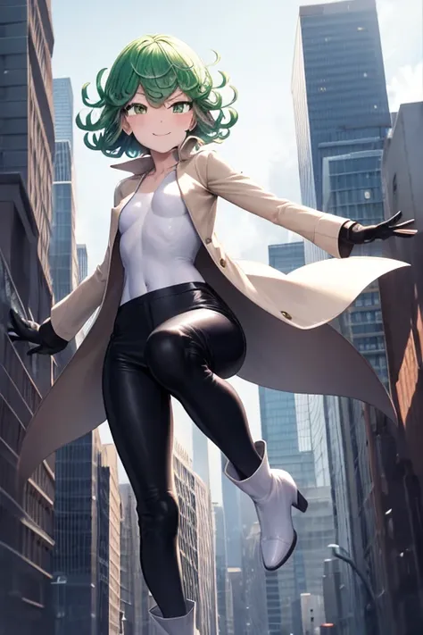 Masterpiece, best quality, ultra detailed, illustration, lighting epic, cinematic composition, 1 girl, Tatsumaki, short hair, green hair, very small breasts, green eyes, bright eyes, smiling, blushing, closed mouth, piercing gaze, full body, long beige tre...