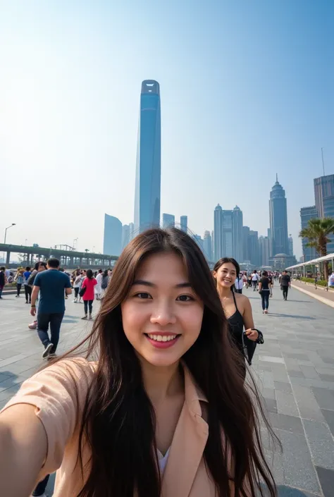 The background of this photo is the Chengdu International Finance Square, and the foreground is the bustling Bund. In the foreground, a cartoon style Chinese woman is taking a selfie. This lady has long dark hair. The picture is captured on a sunny day. Th...