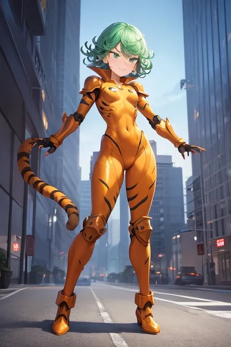 Masterpiece, best quality, ultra detailed, illustration, lighting epic, cinematic composition, 1 girl, Tatsumaki, short hair, green hair, very small breasts, green eyes, bright eyes, evil smile, blushing, closed mouth, piercing gaze, full body, gremlin, br...