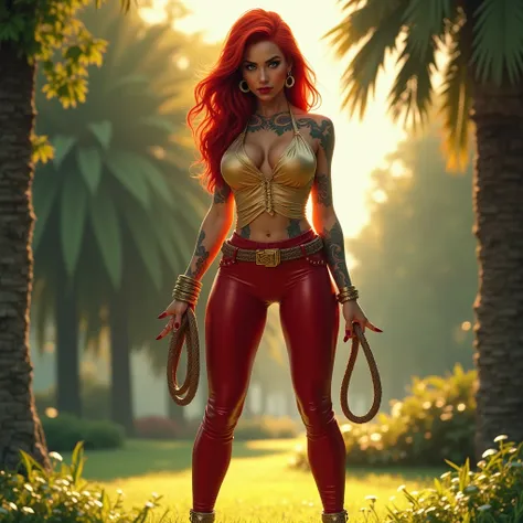 Show a slim mature dominant woman with red hairs, giant tits, tattoos, piercings, a golden satin blouse and red extreme long fingernails. Give her tight red leather leggings and golden high heels. In her hands put a whipe. Put her in a sunny park amd let h...