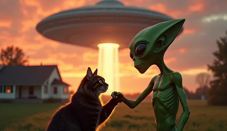 ultra realistic 8k photo, 1980 sci-fi, giant alien mother ship flying over a farm house at sunset, in first plan theres 1 alien green skin big cartoony eyes petting 1 cat Maine Coon tabby brown dark long hair cat,very detailed, the mother ship is abducting...