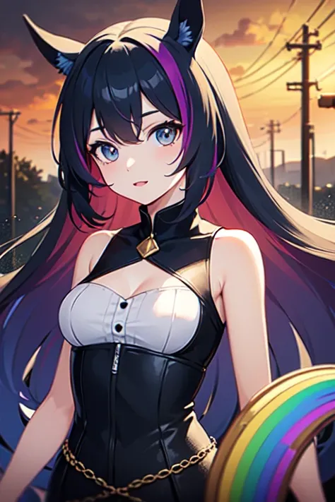 Horse Girl、Horse ears on head、Rainbow hair colour、Gradient hair texture、Long Hair、Rainbow Eyes、whole body、Cute expression,