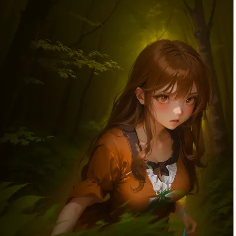 Anime girl in brown dress running through a forest at night, type, painted in the anime painter&#39;s studio, mysterious girl, guweiz, Made with Anime Painter studio, artwork in the style of guweiz, female anime character, anime visual of a young woman, an...